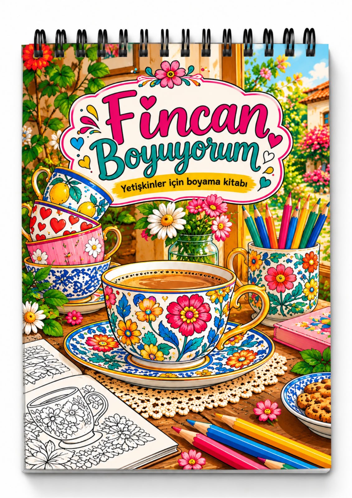 Mandala Boyama Kitabı - Yetişkinler İçin Boyama Sayfaları - Renkli Fincanlar - Fincan Boyama